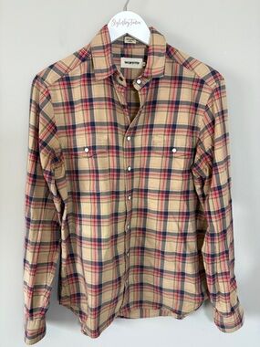 Taylor Stitch Glacier Pearl Snap shirt tan plaid cotton Mens sz 38 US S
